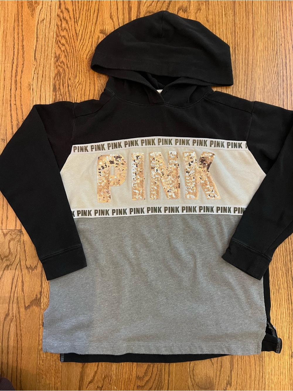 PINK Victoria's Secret Women’s Black & Gray Sequin Logo Thin Hoodie